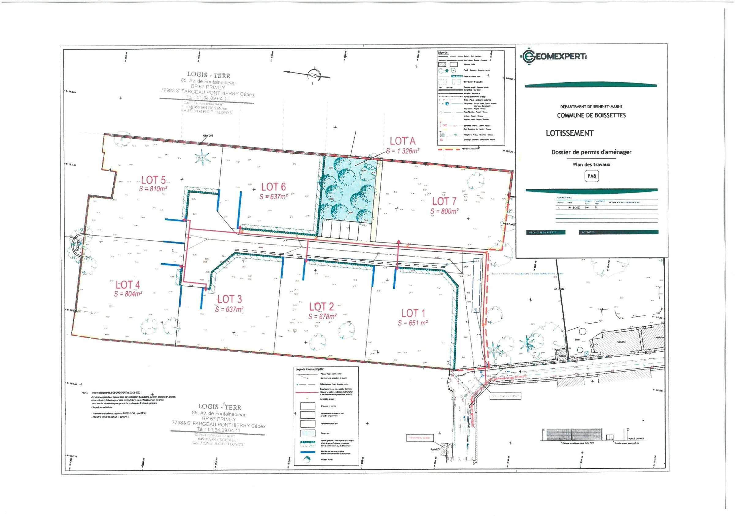 Plan des travaux du lotissement de Boissettes, lots 1 à 7 et lot A