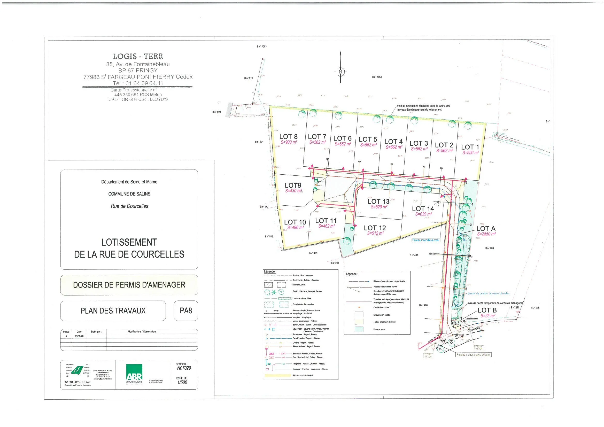 Plan des travaux du lotissement de la rue de Courcelles à Salins, lots 1 à 14